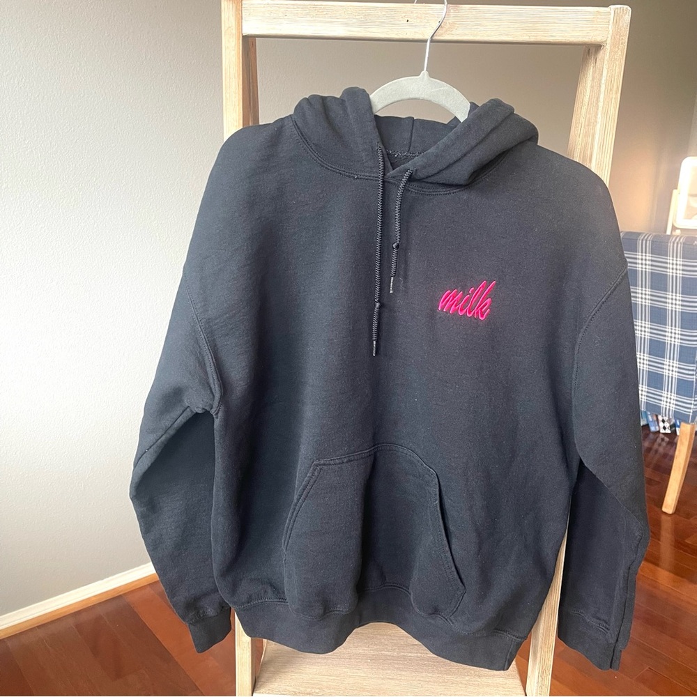 Milk Bar Pullover Hoodie Black Women's M Cotton Blend Logo Embroidered Print